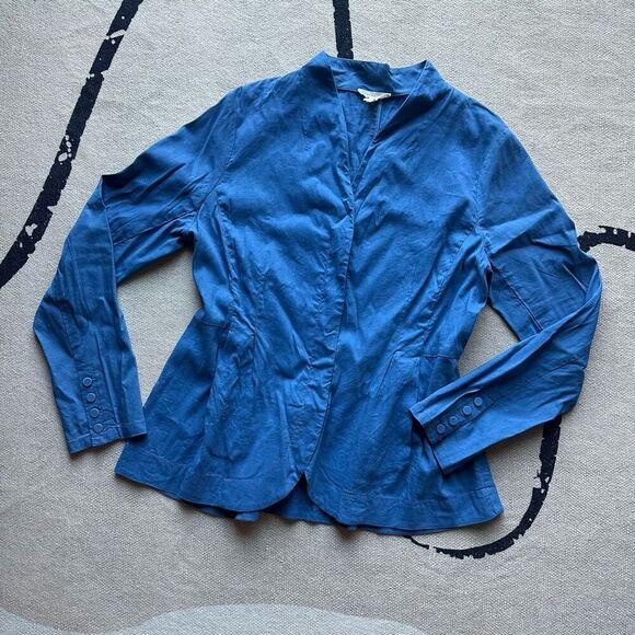 Eileen Fisher Blue Zip Blazer‎ Size M Organic Linen Blend Italian Fabric - Picture 1 of 8